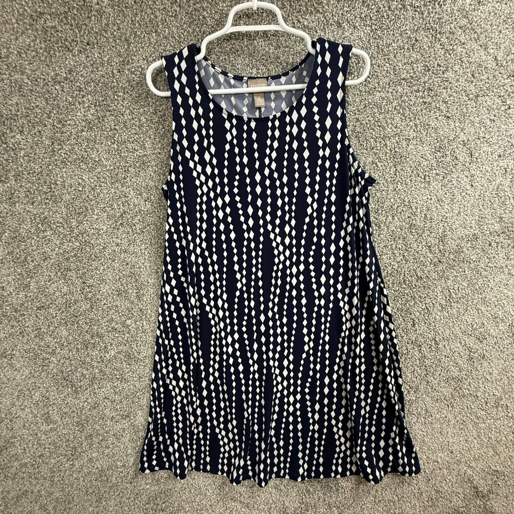 Chicos Navy Blue White Diamond Print Sleeveless Shift Dress Size 2 Large
